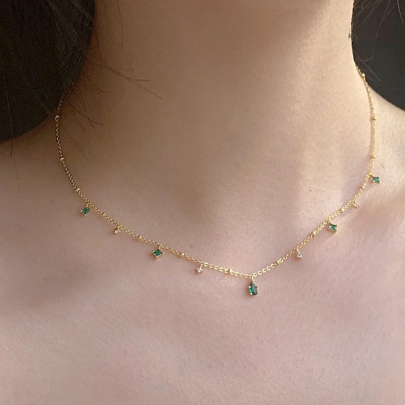 Fashion Vintage CZ Emerald Station Beads Chain Necklace for Women Exquisite Choker Clavicle Chain With Green Zircon Jewelry Gift
