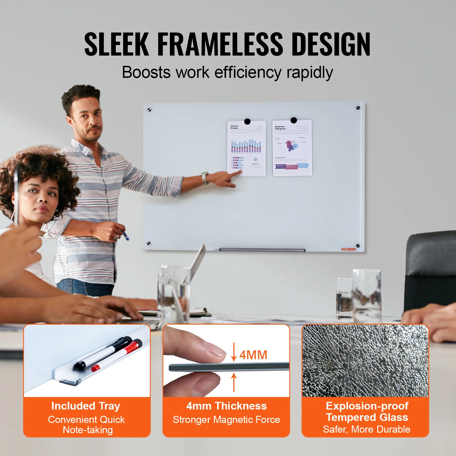 Magnetic Glass Whiteboard Dry Erase Board Wall-Mount Large Frameless Glassboard for School Office VEVOR 36"x24"/48"x32"/72"x36"