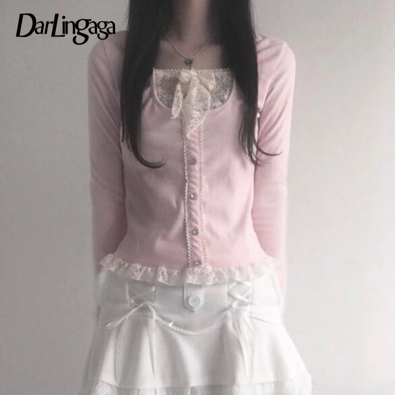 Darlingaga Hotsweet Pink Slim Spring T-shirt Female Lace Patched Bow Korean Top Shirts Ruched Coquette Clothes Tee Contrast Cute