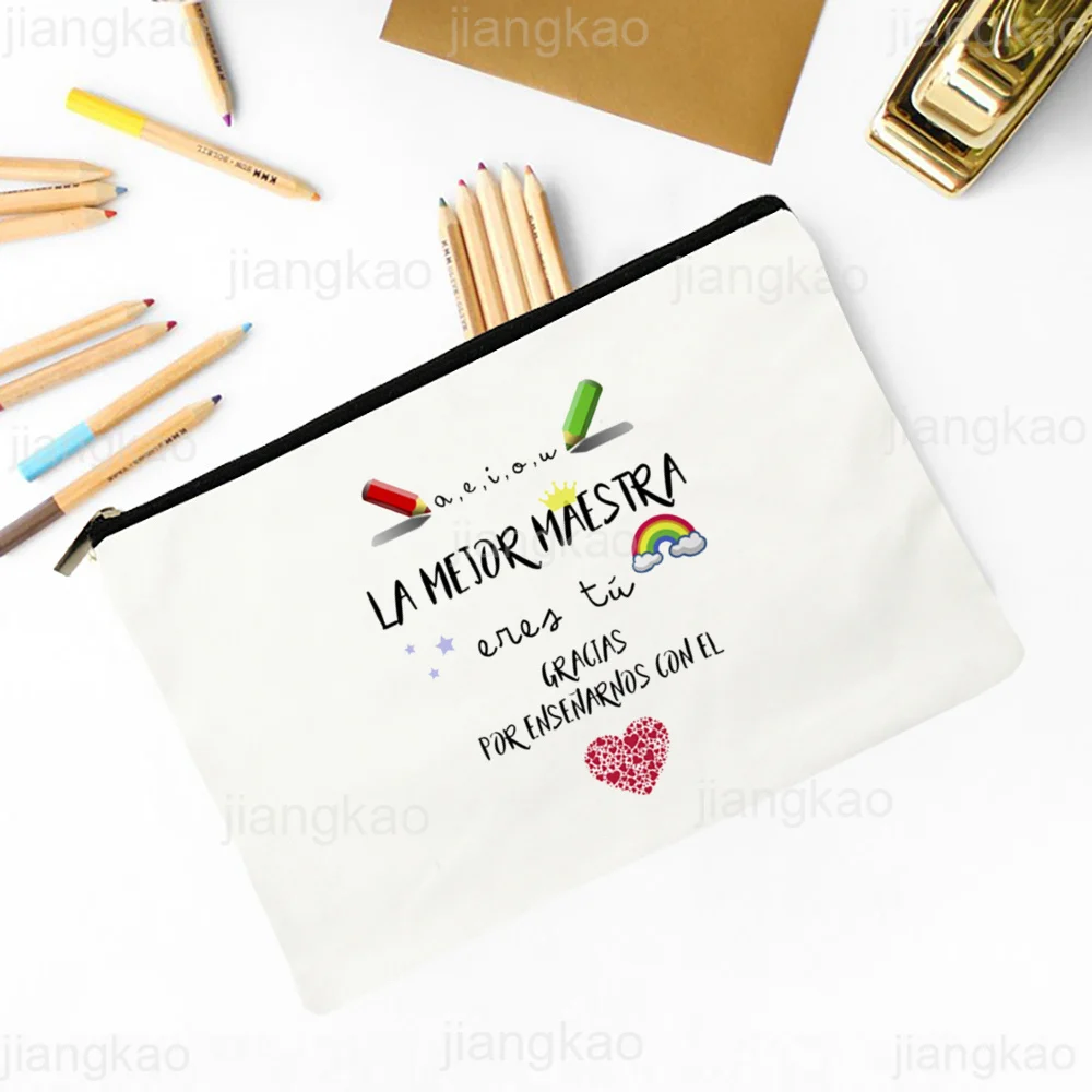 Best Teacher in The World Spanish Print Makeup Bag Travel Neceser Toiletries Storage Pouch Pencil Bags Graduate Gift for Teacher 5