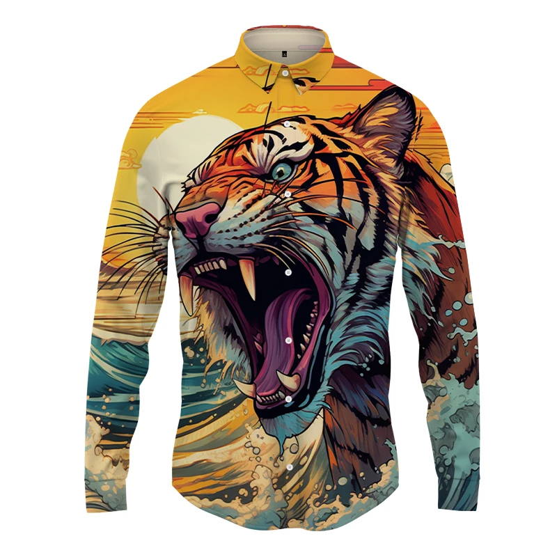 2023 Spring and Autumn New Fashion Men's Shirt Street Hip -hop Long -sleeved Shirt 3D Ferocious Tiger Printed Buttons Shirt