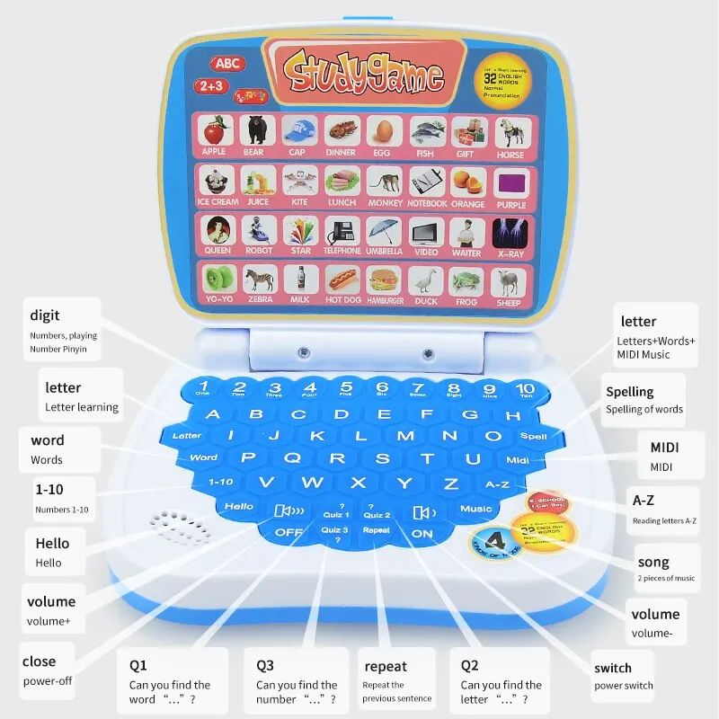English Learning Small Laptop Toy for Kids 2-3 Years. Boys and Girls Computer for Aphabet ABC.Numbers.Words.Spelling.Maths.Music 4