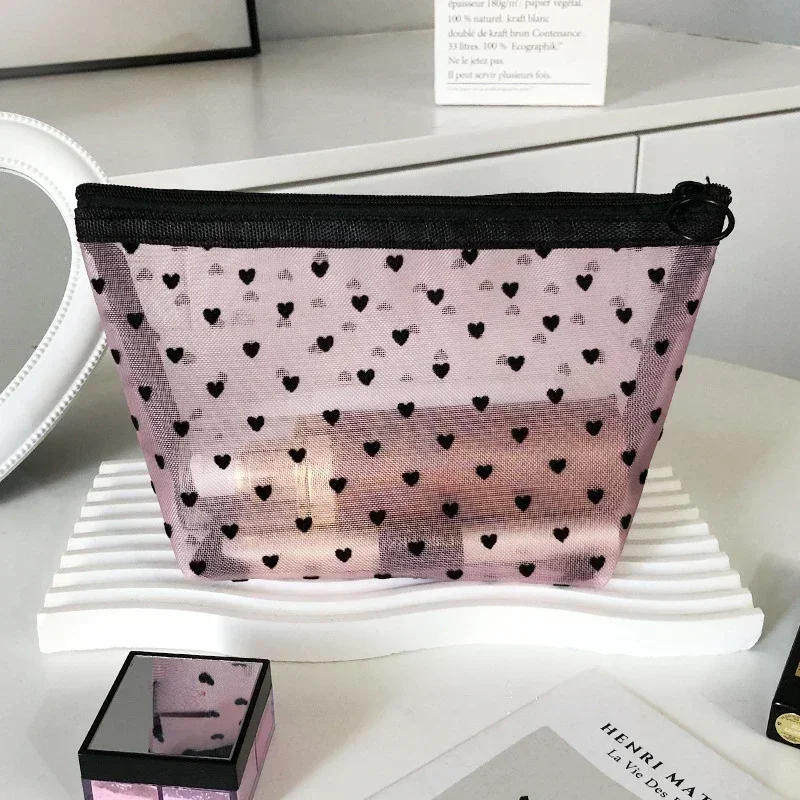 Heart-Shaped Nylon Mesh Cosmetic Bag – Multifunctional Zipper Pouch