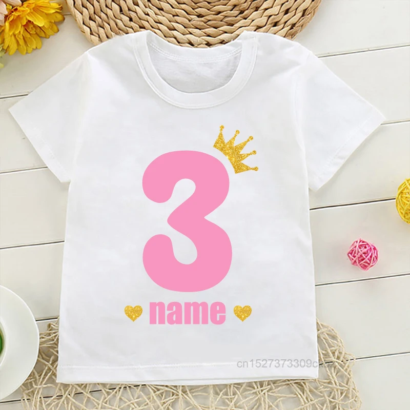 Kids T-Shirt Personalised Birthday Number NAME Crown Boys T Shirt Girl Clothing Birthday Party Shirt Children Tees Baby Clothes
