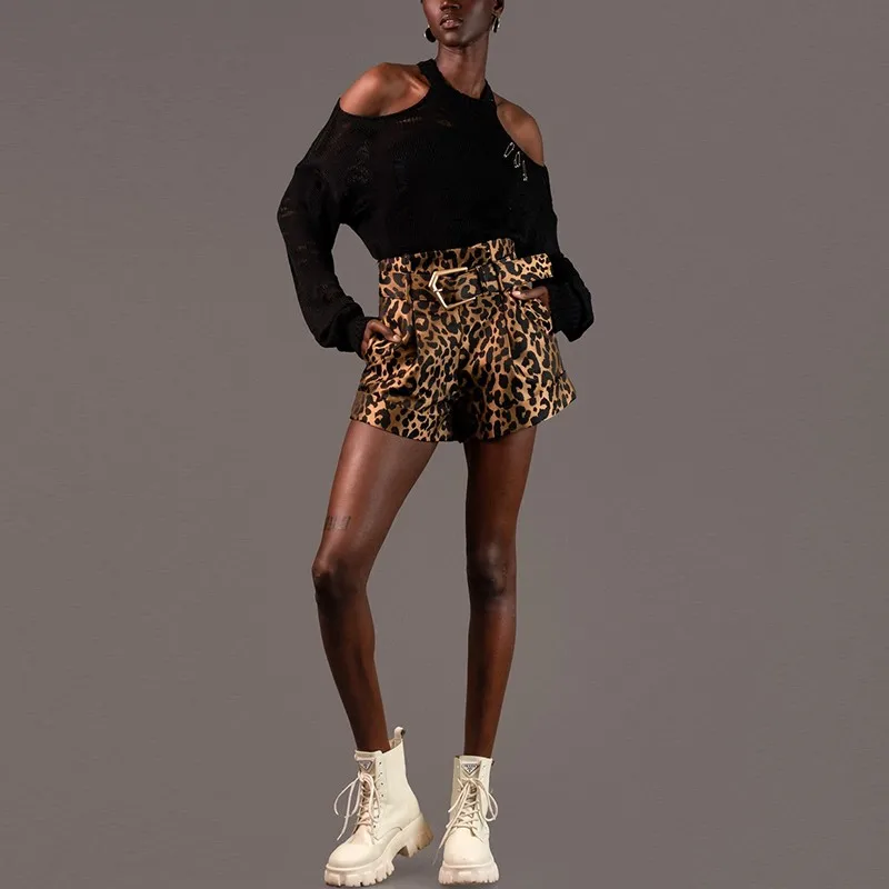 BPN Fashion Leopard Printing Shorts For Women High Waist Patchwork Belts Hit Color Slimming Short Pants Female Clothing New 2024