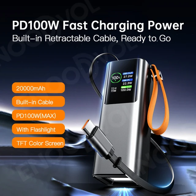 PD100W 20000mAh Power Bank Fast Charging, Metal Shell TFT Screen, Built-in Type-C Cable, LED Flashlight, PD3.0 for Laptop Phone