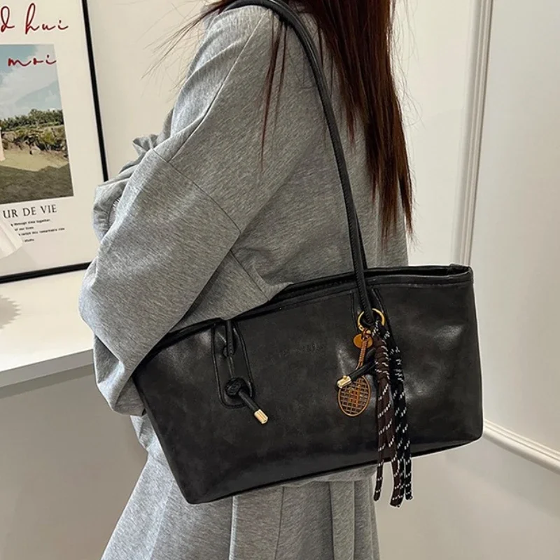 PU Leather Shoulder Bag for Women Y2K Simple Fashion Girl Handbag Large Capacity Female Crossbody Bag SolidColor Retro Tote Bags