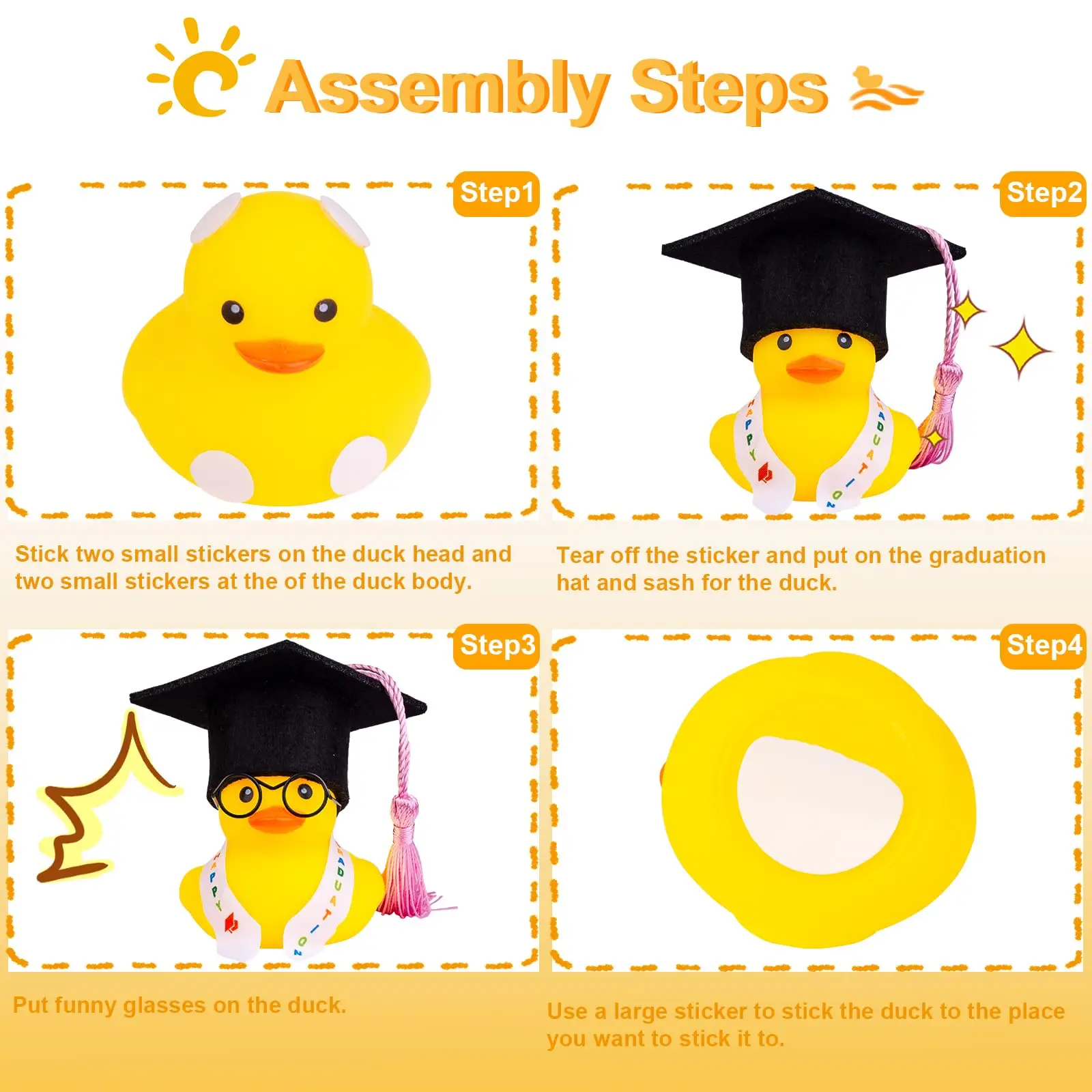 Graduation Ducks Car Dashboard Decorations Rubber Duck Car Ornaments Accessories with Mini Graduation Hats Sashes Glasses 3