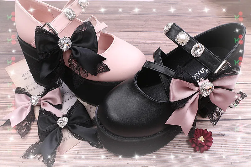 Lolita Handmade Shoes Clip Japanese Style Sweet Heart Shape Rhinestone Big Bow Lace Shoes Clip Women's Shoe Buckle Accessories