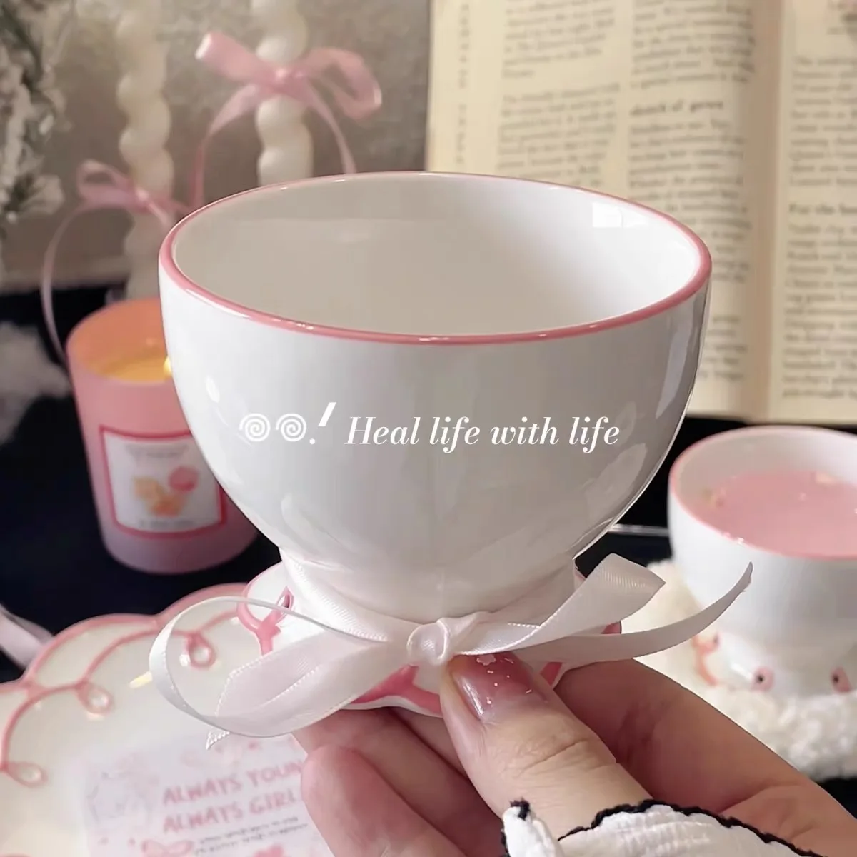 250ML Cute Pink Irregular Ceramic mug Flower Heart Pattern Coffee Cup Breakfast Milk tea cups Gift For Girls 5