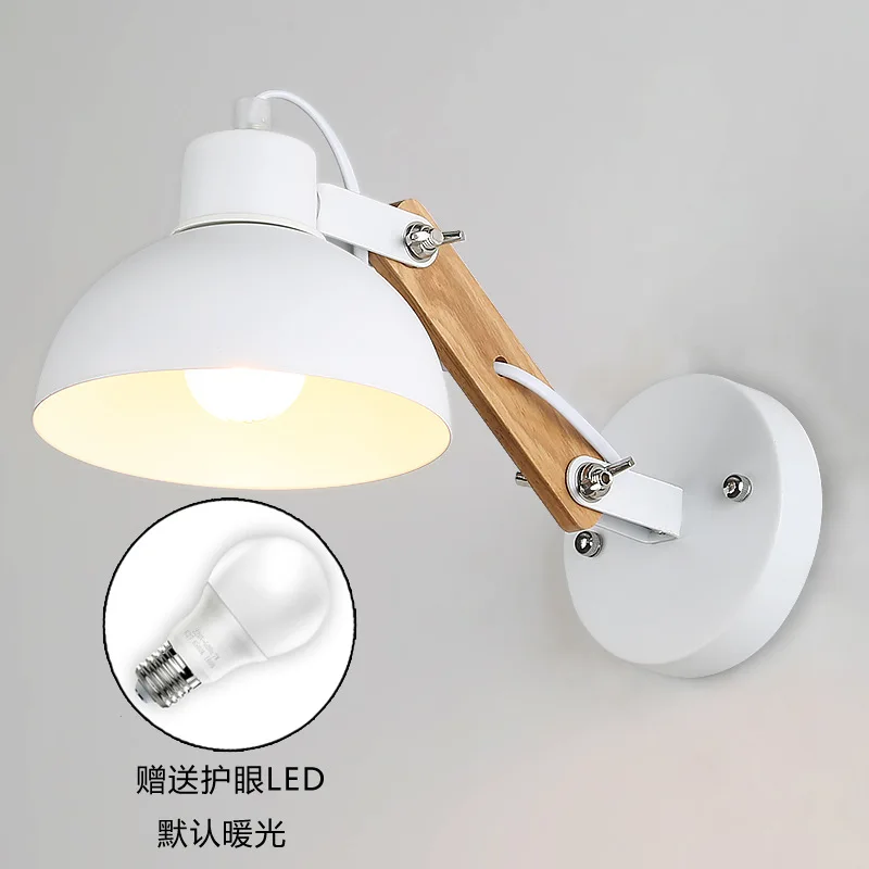 

Nordic Brushed Wrought Iron Hemispherical Shade With Wood Arm Adjustable Wall Lamp For Background Corridor LED E27 Bedside Lamp