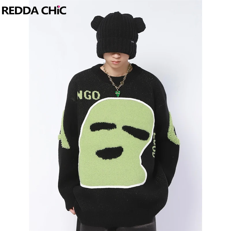 

Мужская маска REDDACHIC женская, свободный джемпер с длинным рукавом, с круглым вырезом, черная двухцветная трикотажная верхняя одежда в стиле Харадзюку