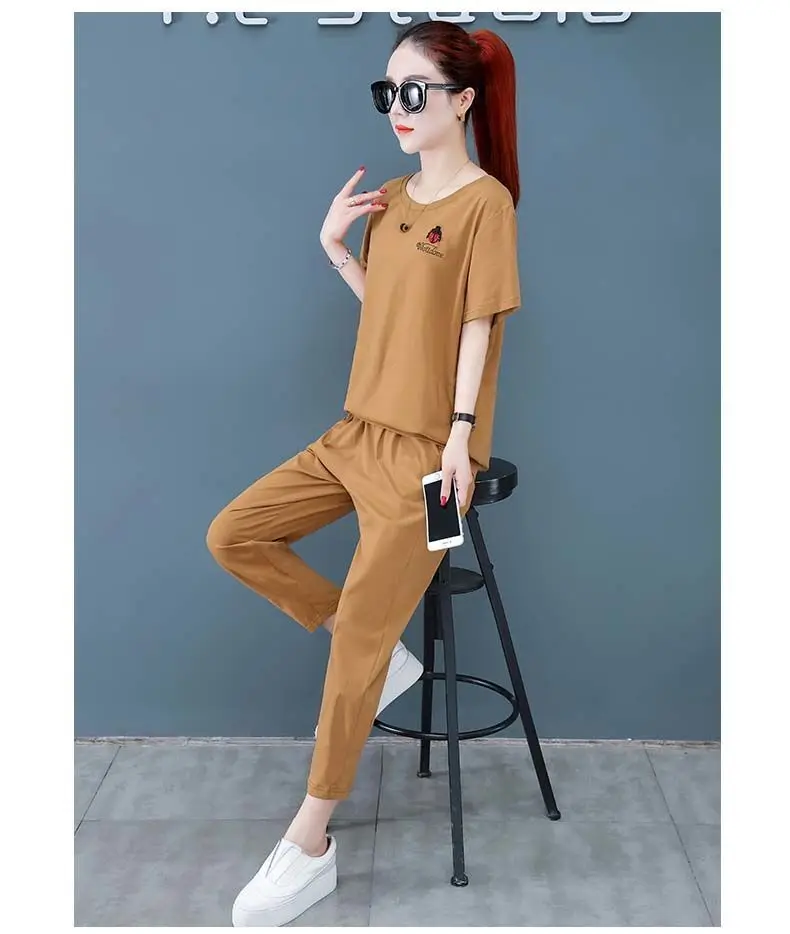 Embroidered Two Piece Suit Female Summer 2022 New Korean Loose Short Sleeved Fashion Casual Women 2 Piece Set Orange Khaki Black