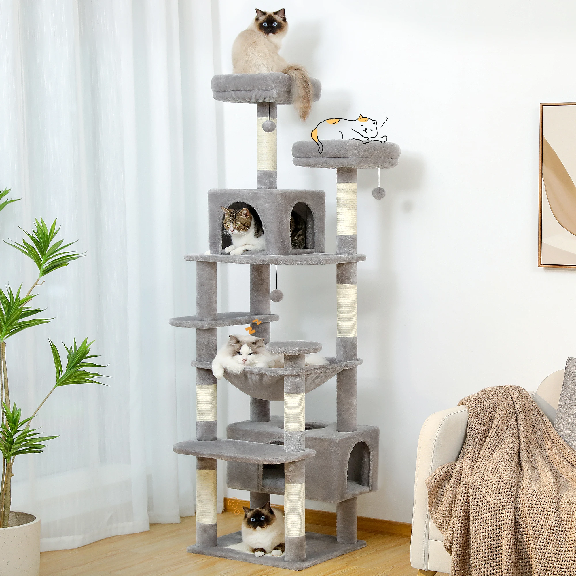 Multi-Level Cat Tree Luxury Tower with Condo Hammock 2