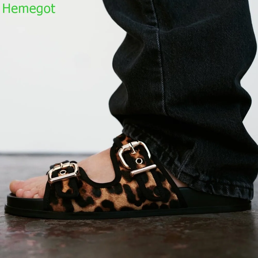 Black Leopard Print Casual Slippers Summer Fashion Thick-Soled Sandals Metal Belt Buckle Versatile Ladies Outside Beach Slides