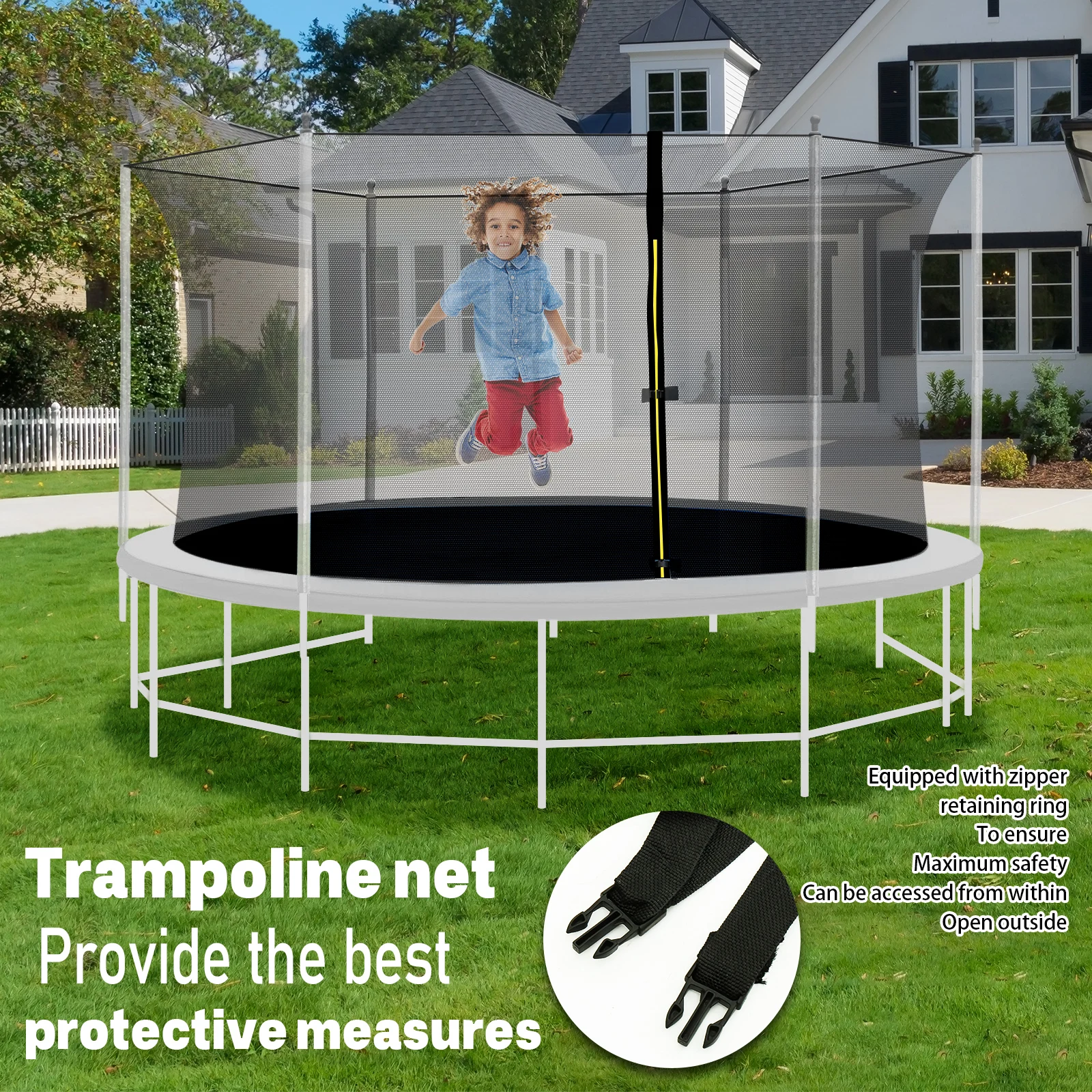 8/10/12Inch Trampoline Safety Net High Density Safety Enclosure Net with Zip & Buckle Fall Prevention Trampoline Replacement Net