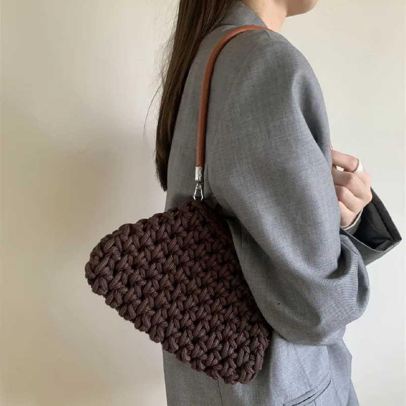 Solid Color Commuting Handbag Women's Versatile Shoulder Cotton Woven Bag New Small Fresh Square Underarm Bag Straw Bag