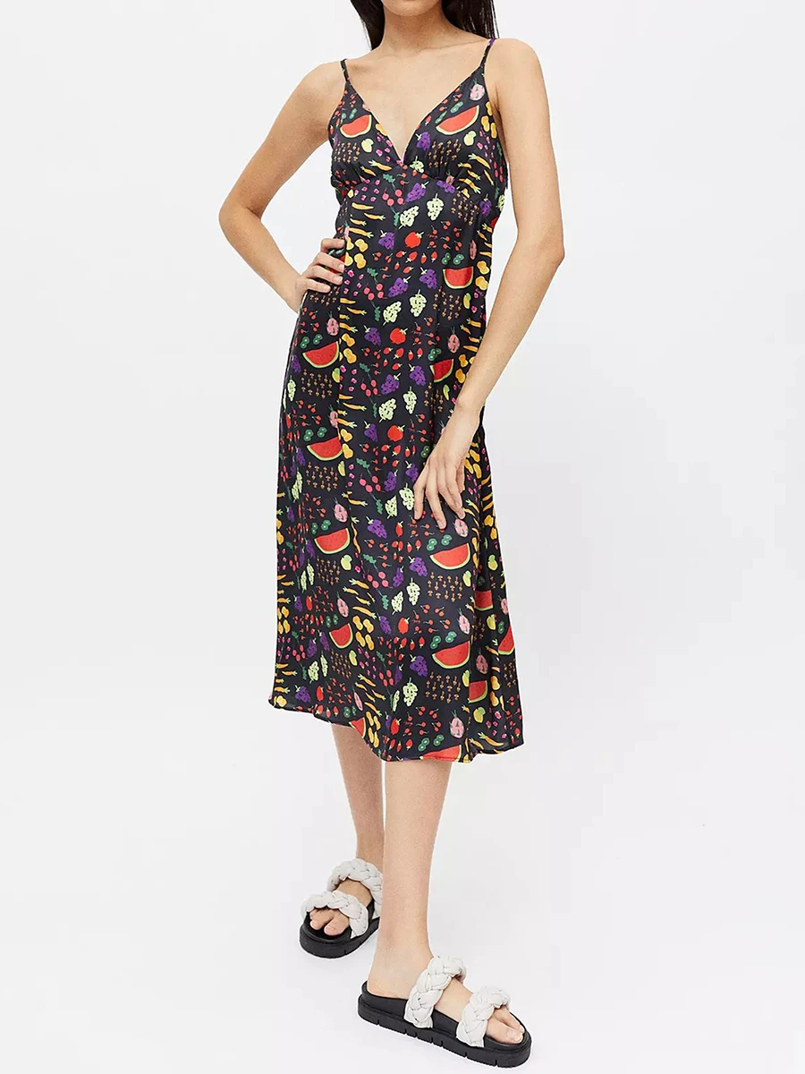 

Women Spaghetti Strap Sleeveless Dress Summer Fruit Print V-Neck Backless Party Dress for Cocktail Beach Streetwear