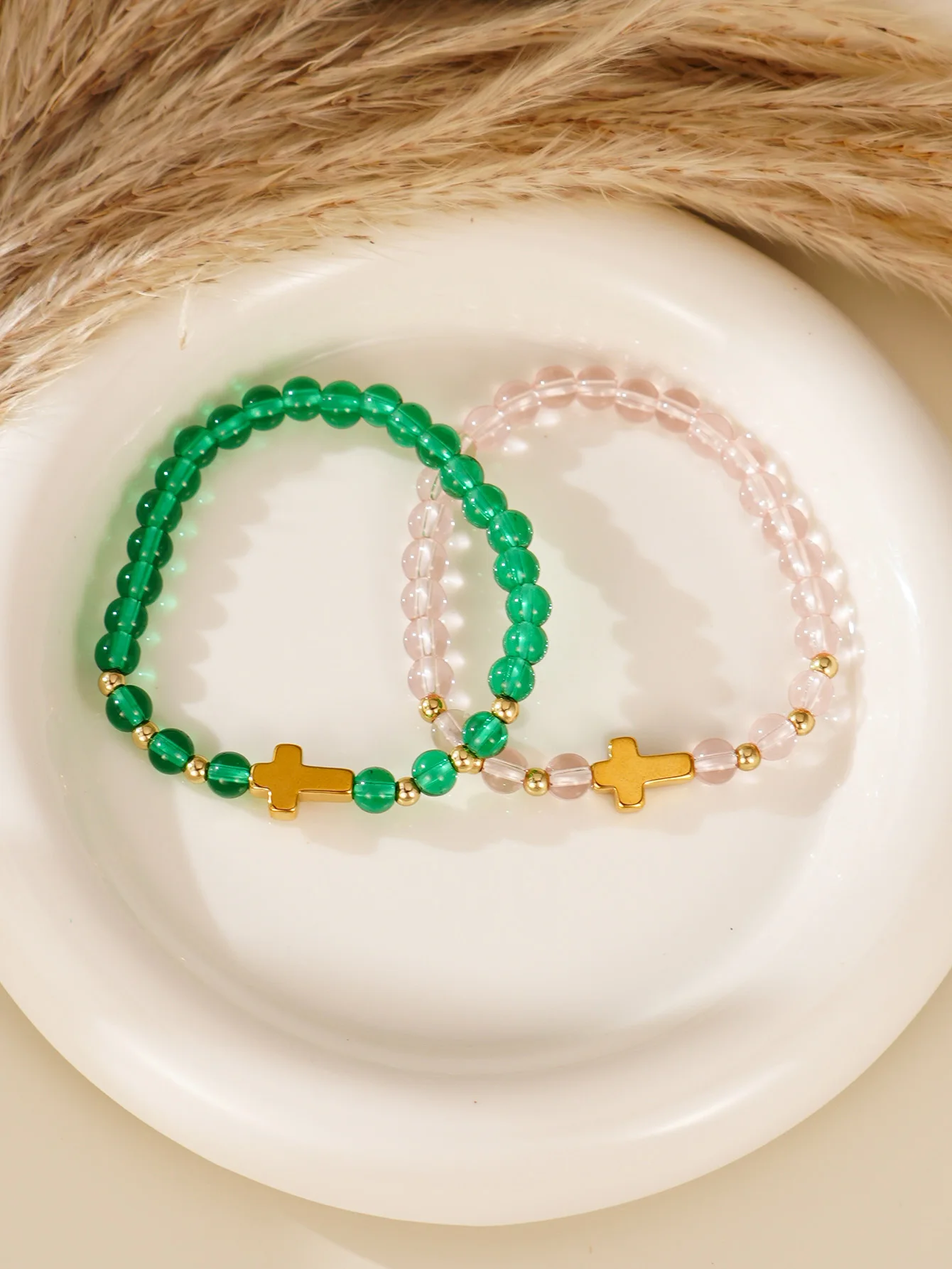 2pcs Minimalist Plastic Bead Cross Design Elastic Bracelet for Women