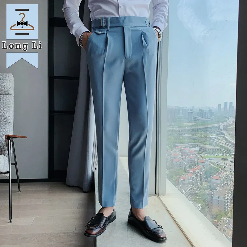 British Style Solid High Waist Suit Pant Men Business Formal Wear Trousers Slim Casual Office