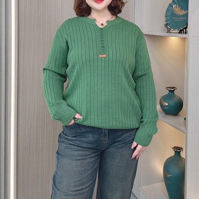 Women's V-neck Long Sleeve Knitted Sweater, Plus Size Pullovers, Button Label, Slimming, Autumn, New, 2024