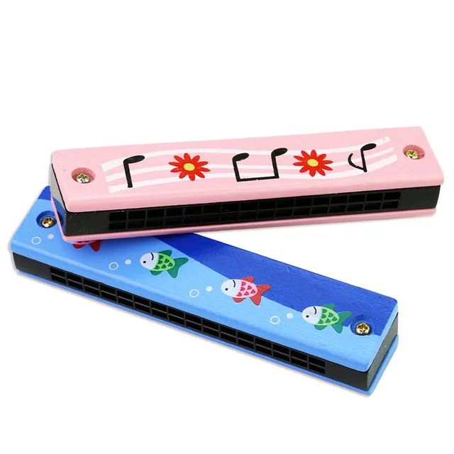 16 Holes Children Harmonica Wooden Double Row Blowable Harmonica Cute Cartoon Pattern Beginner Kids Musical Educational Toys 3