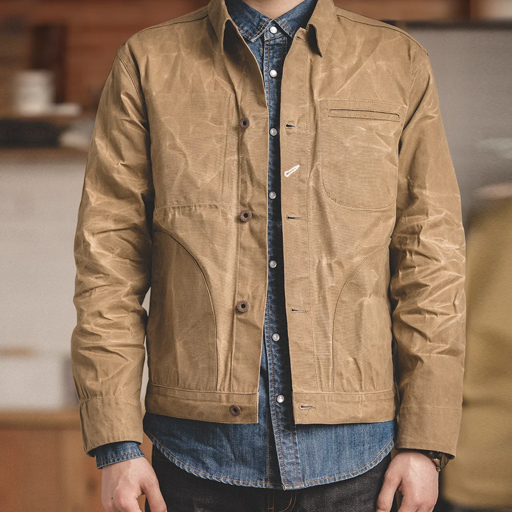 Maden Men's Canvas Oil Wax Jackets Khaki Vintage Multi-pocket Lapel Collar Single-breasted Jacket for Male Autumn Clothing Tops 2