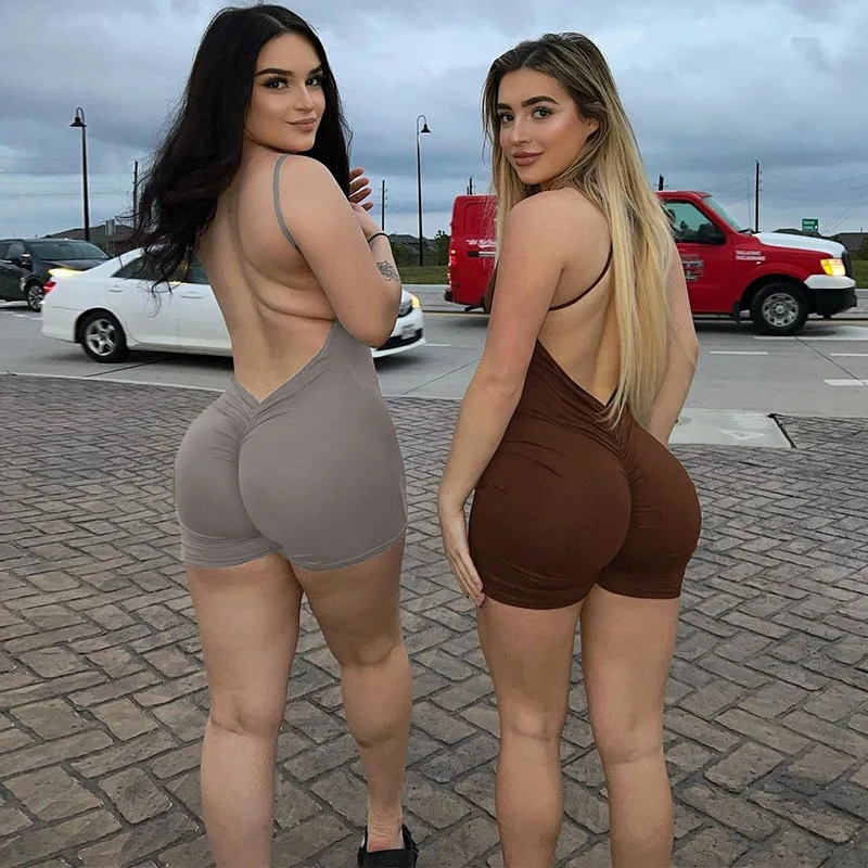 

Women Solid Color Sporty Playsuits Deep O Neck Sleeveless Skinny Short Jumpsuits Summer Backless Bodysuits Rompers