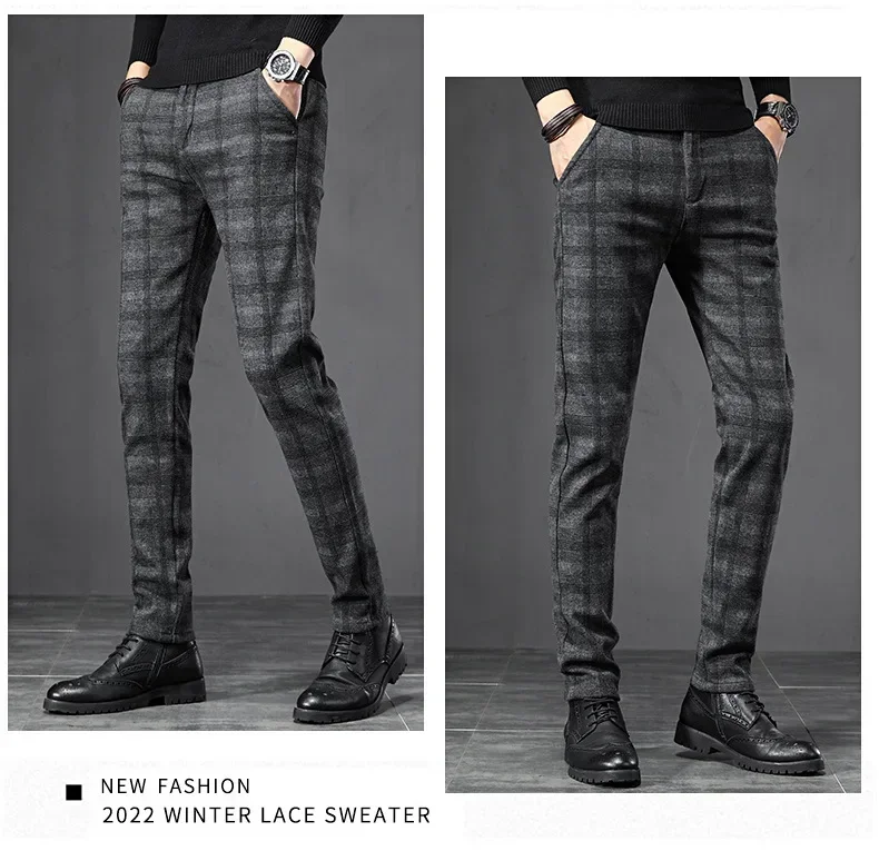 Frühling herbst männer Gebürstet Plaid Casual Hosen Koreanischen Stil Grau Elastische Gerade Slim Fit Modische Arbeit Hosen Männlich – Detail 13