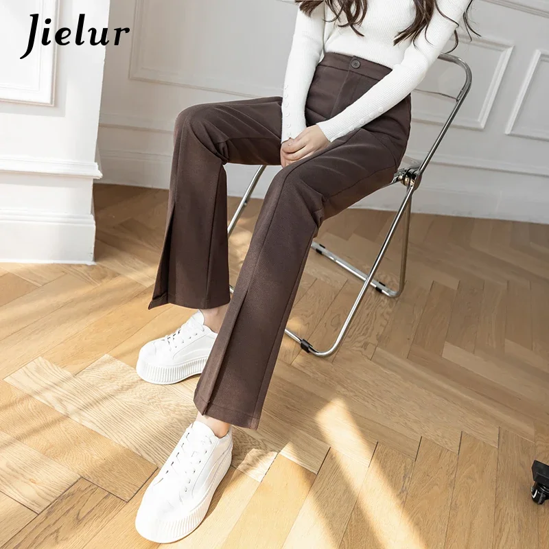 Jielur Winter Fashion Split Women's Pants High Waist Coffee Black Trousers Office Lady Straight Leisure Woolen Long Pants S-XL