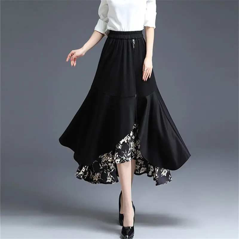 Elegant Printed Spliced Irregular Fake Two Pieces Skirts Women's Clothing 2024 Spring New Loose Asymmetrical High Waist Skirt 2023 spring and autumn high waist fake perforated harlan jeans casual loose pants for women wide leg jeans