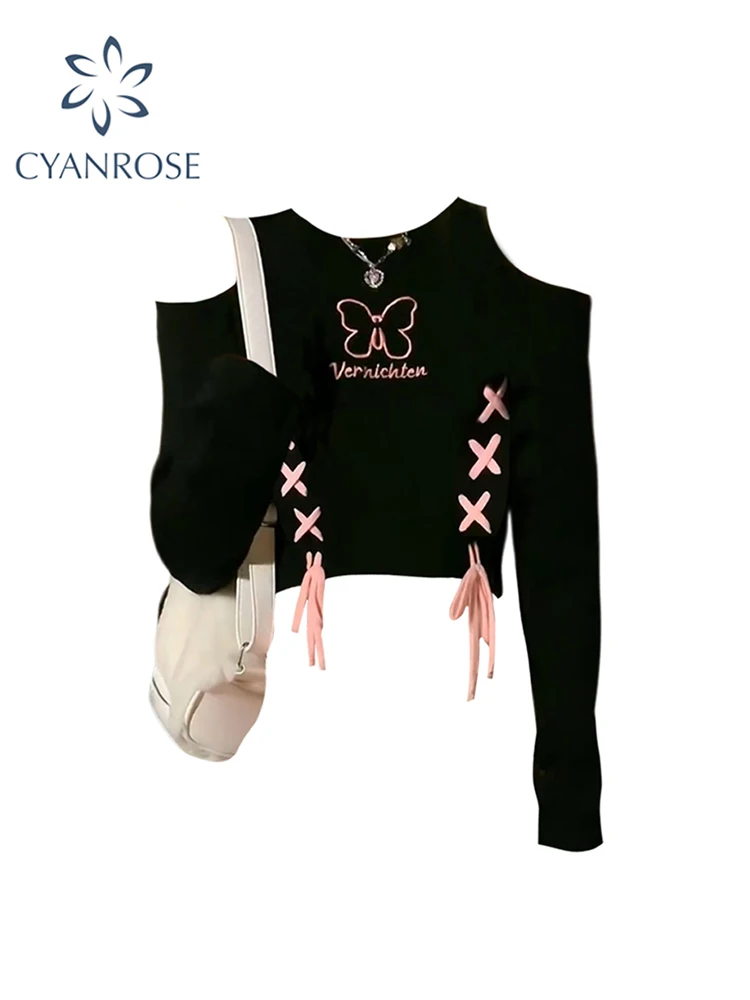 

Футболка женская черная в готическом стиле, модная эстетичная рубашка в стиле Харадзюку 90-х с длинным рукавом, уличная одежда, винтажный Топ, Y2k