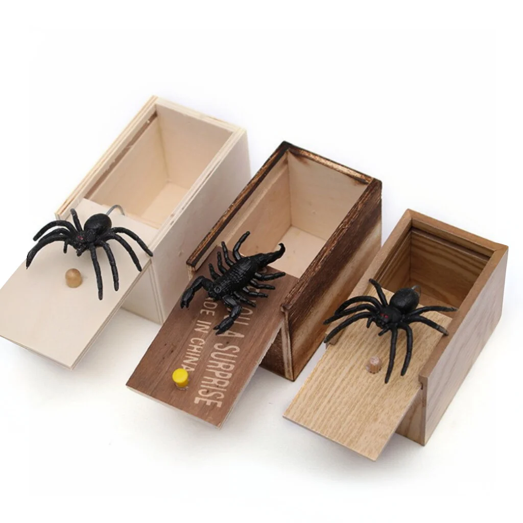Halloween Fun Happy Joke Boxes Rubber Spider Prank Happy Box Handcrafted Wooden Spider Box Money Surprise in a