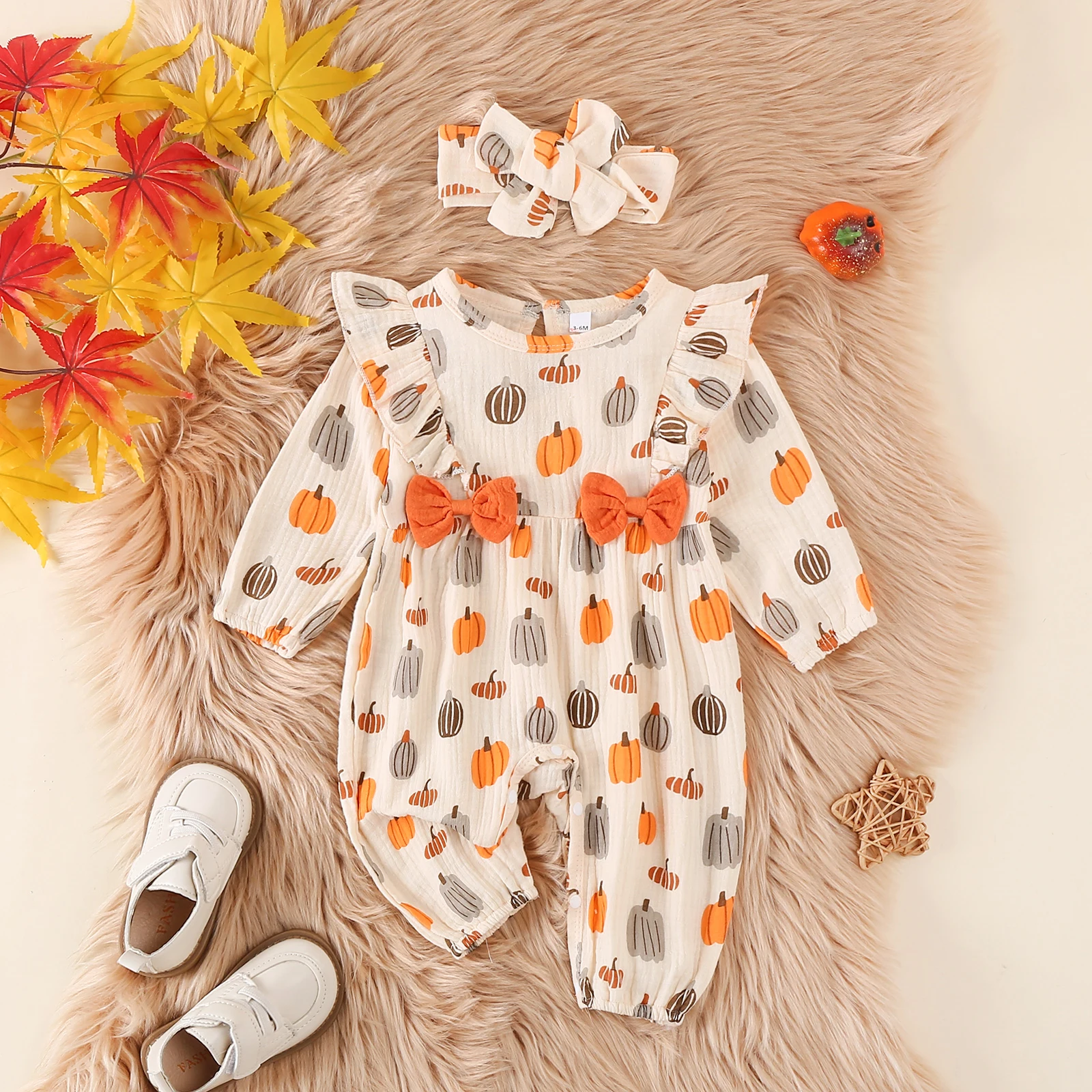 Citgeett Autumn Halloween Infant Baby Girl Romper Pumpkin Print Ruffled Long Sleeve Jumpsuit Bow Headband Clothes 1