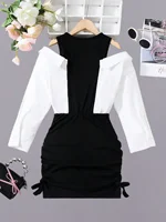 Robe chemise à épaules dénudées, style doux et cool, faux deux modèles sens, printemps automne, cordon de serrage, manches longues, jupe portefeuille aux hanches 2