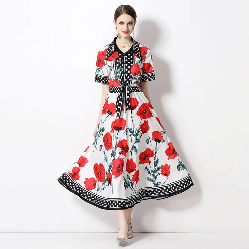

QIWN Fashion Runway Skirt Suit Summer Women's Lapel Short Sleeve Bow Shirts + A-Line Long Skirt 2 Piece Set Outfits N3953