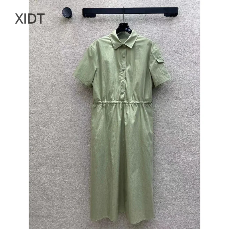 

2024 Spring/Summer New Women's Slim Fit Style Flip Collar Half Button Drawstring Dress