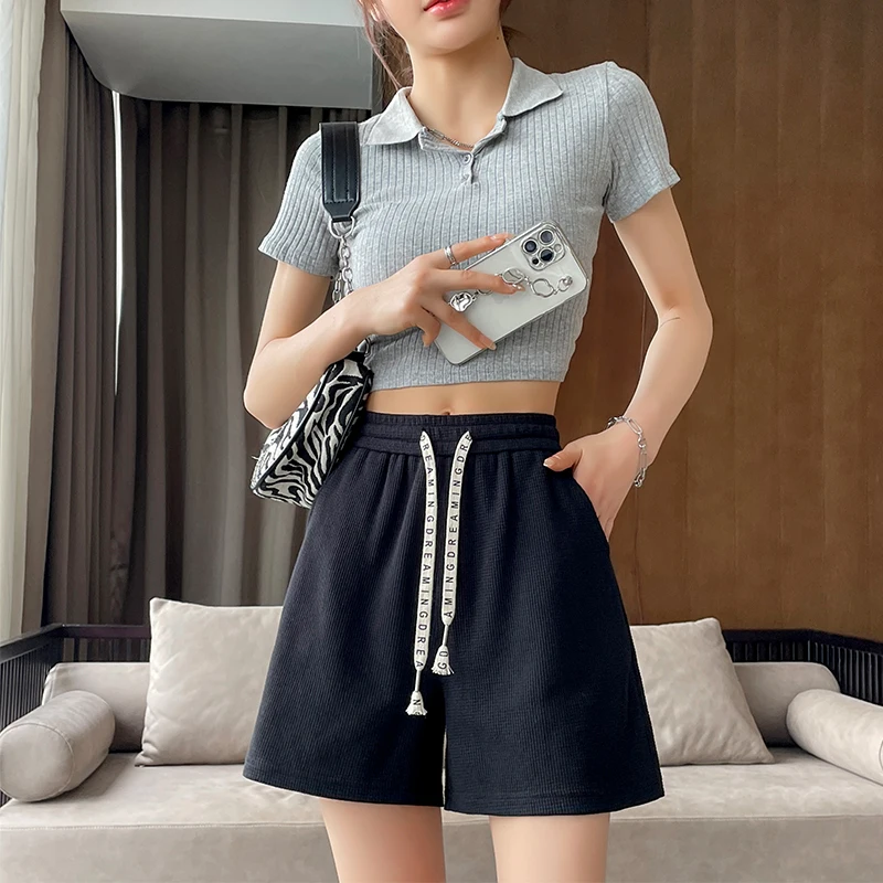 Women Shorts Traf High Waisted Loose Wide Leg Short Pants Women Clothing Booty Shorts Waffle Fabric Y2K Korean Fashion CICHENG