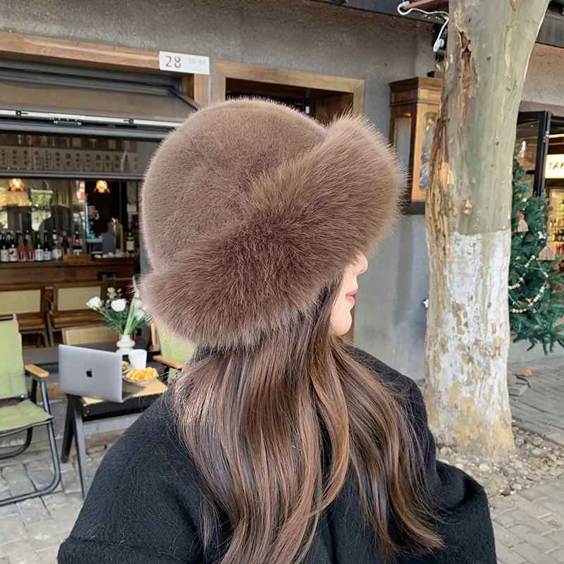 Women Hat Winter Plush Fisherman Fur Ear Protection Windproof Warm Headgear Fashion Panama Basin Cap