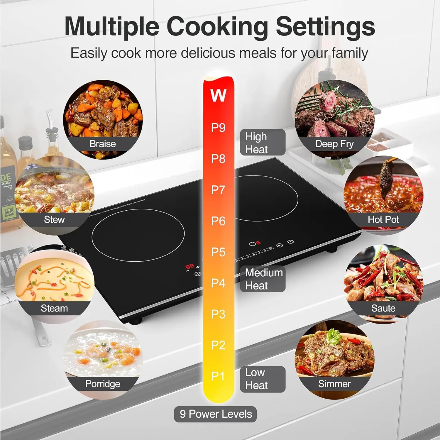 Double Induction Cooktop, 24 inch 4000W Induction stove top with hot plate,Electric cooktop with LCD Touch Screen 9 Levels Setti