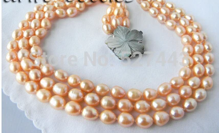 Prett Lovely Women's Wedding Wholesale hot sale 3Strands 17-19inch 9MM Pink Rice Freshwater Pearl Necklace