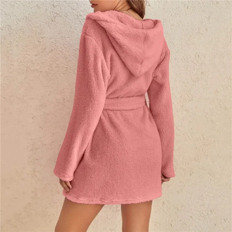 Women's solid hooded coral velvet warm robe bathrobe Robe pajamas