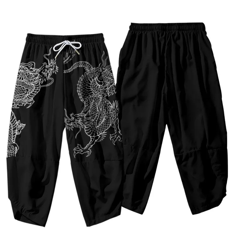 Japanese Kimono Pants Women Men Samurai Dragon Print Harem Pants Loose Elastic Waist Chinese Style Cosplay Trousers 2