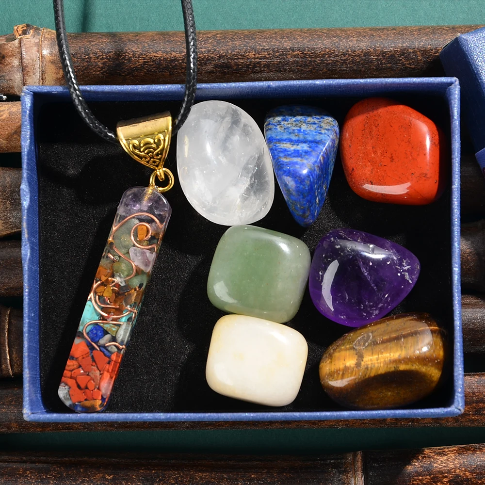 8pcs Natural Chakra Necklace with Original Healing Stones Gift Box