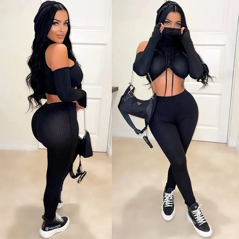 Fitness Off Shoulder 2023 Autumn Winter Ribbed Two Piece Set Long Sleeve Hooded Cross Crop Tops High Waist Pencil Pants Suits