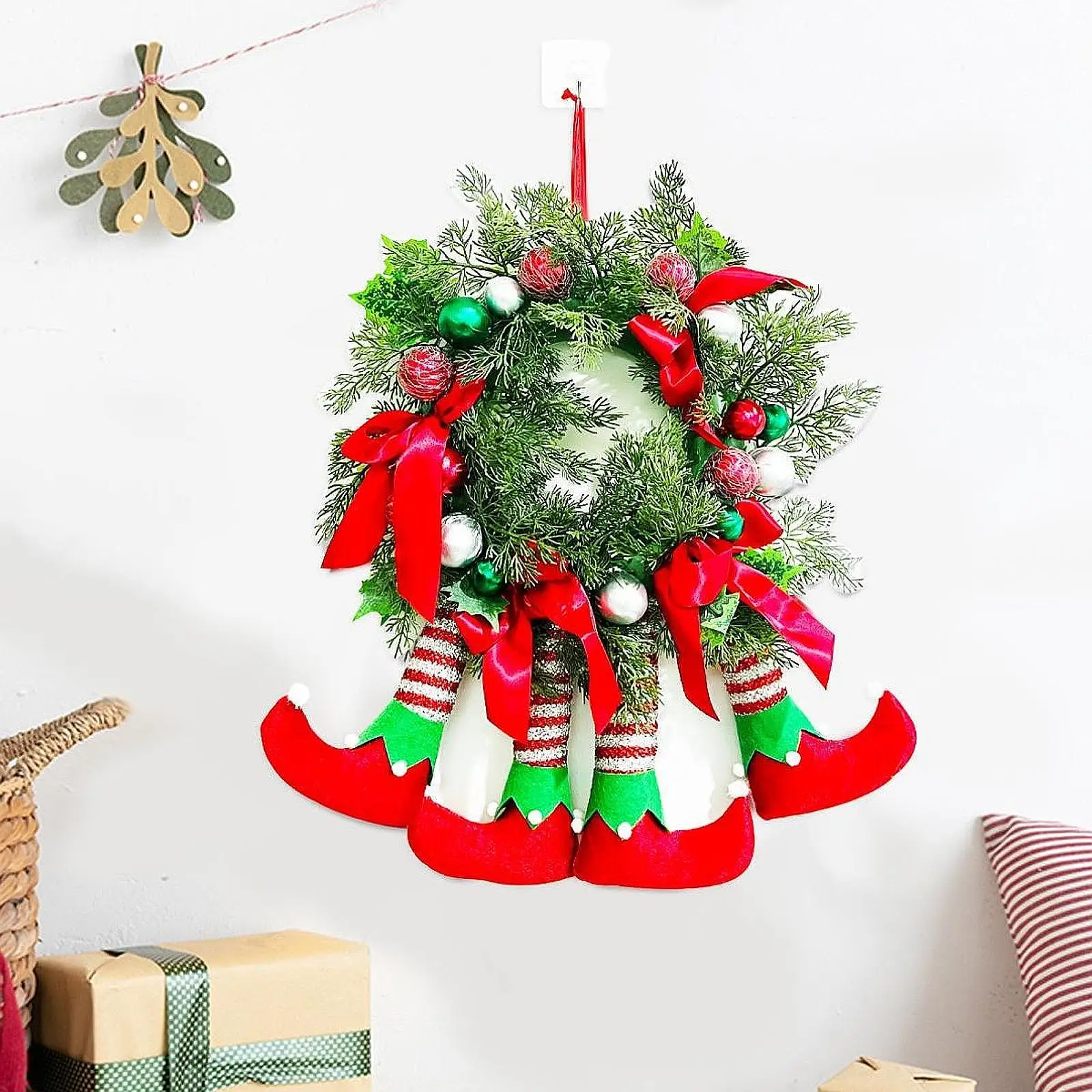 Christmas Elf Legs Wreath Front Door,Artificial Wreath Backdrop Lawn Indoor Outdoor Winter Wreath Xmas Wreath for Festival