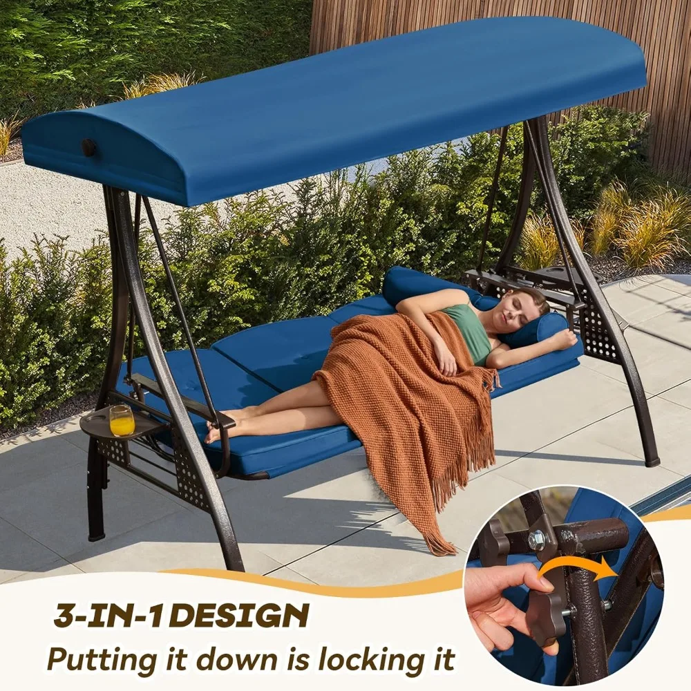 3 in 1 Outdoor Porch Swing with Adjustable Canopy, 3 Seat Outdoor Swing for Adults, Patio Swing Chair with Thickened Cushions 3