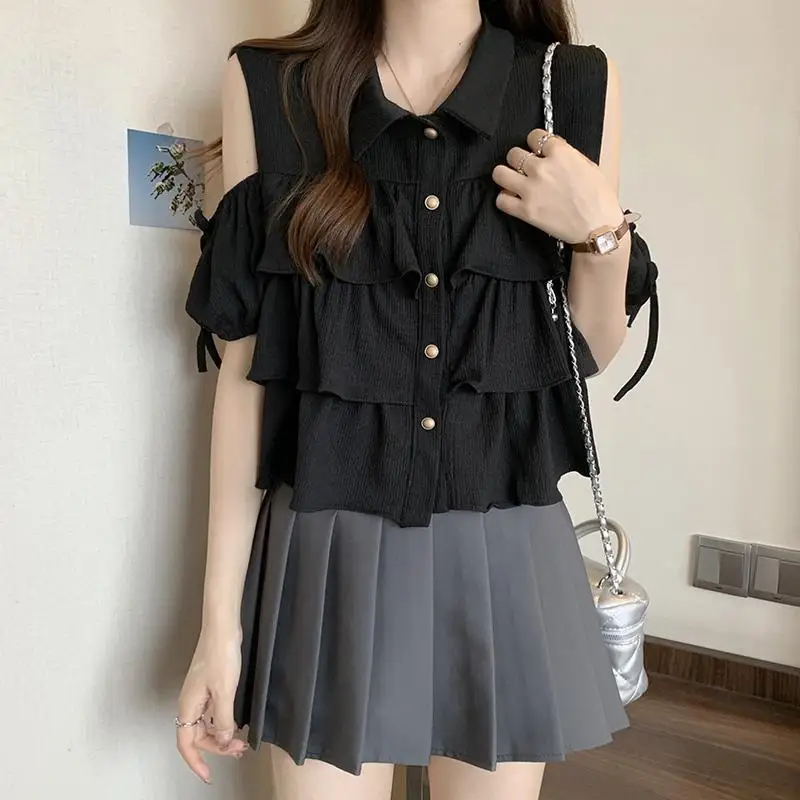 Elegant Ruffles Patchwork Shirt Stylish Off Shoulder Summer Single-breasted Women's Clothing Lapel Korean Short Sleeve Blouse