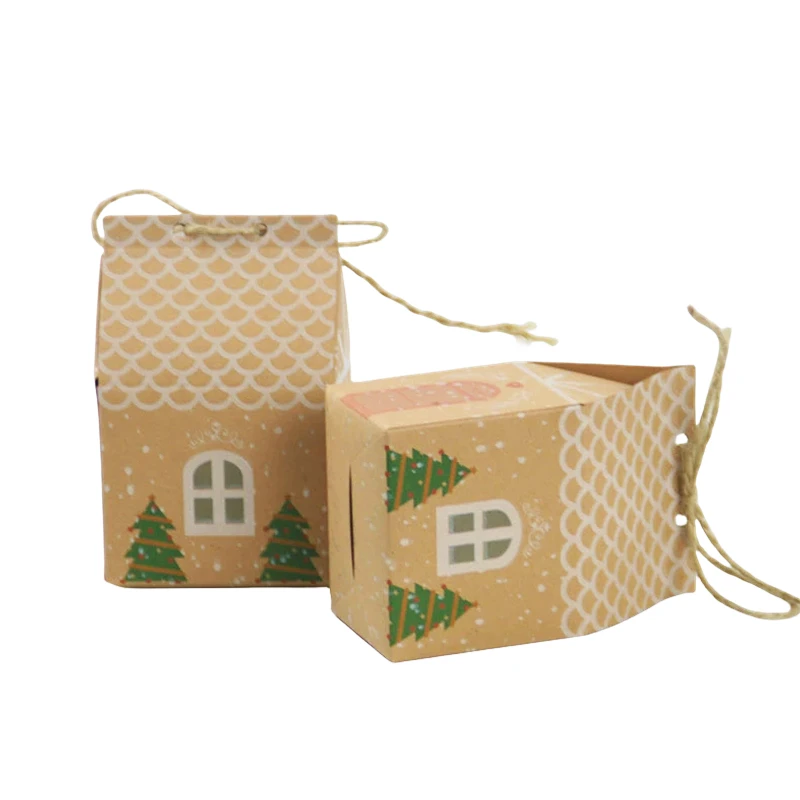 

20pcs Mini Kraft Packaging Box Paper Christmas House Shape Chocolates Candy Storage Bags Snack Gift Boxes With Rope Party Decor