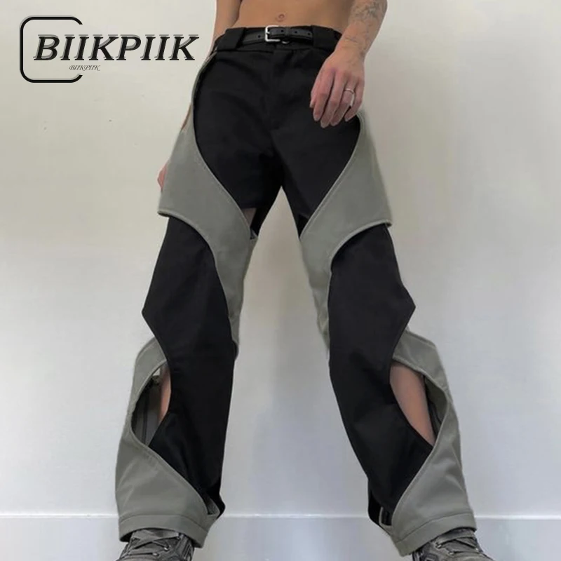 BIIKPIIK Fashion Patchwork Hollow Out Pants Loose Cargo Workout Overalls Low Waist Streetwear Jogging Trousers Aesthetic Pants yiciya overalls braced jeans detachable y2k stars pants jean american women s new high waist baggy wide legged pant trousers 90s